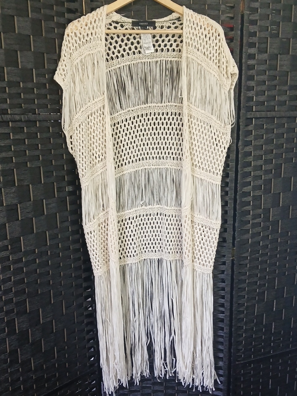 Forever 21 Cream Fringe Open-Knit Kimono